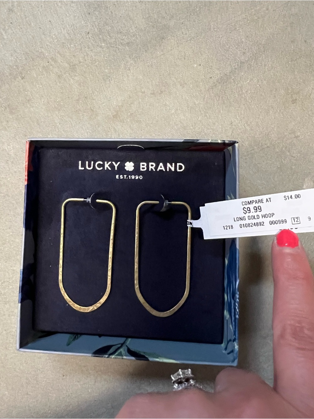 Lucky Brand Long Gold Hoop Earrings in Floral Jewelry Box
